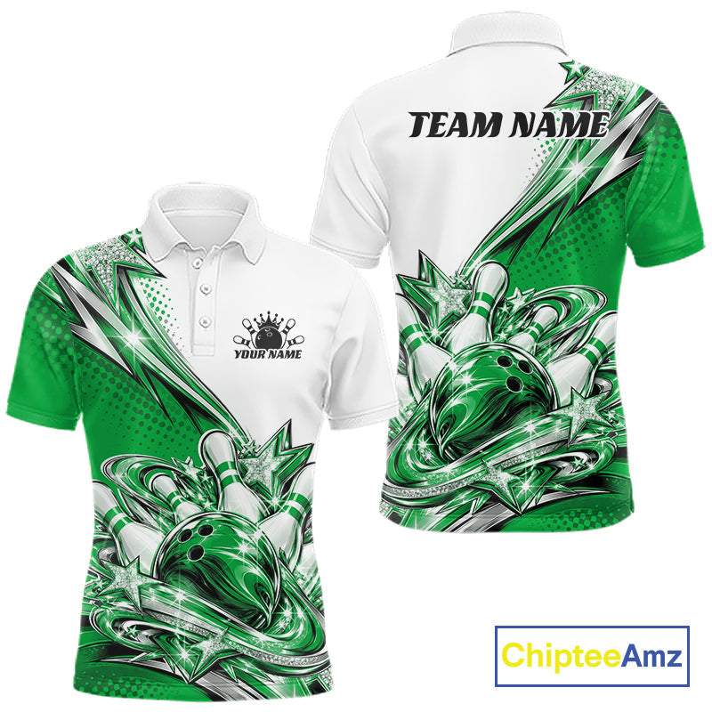 Custom Green Glitter Star Bowling Polo, Bowling League And Tournament Shirt