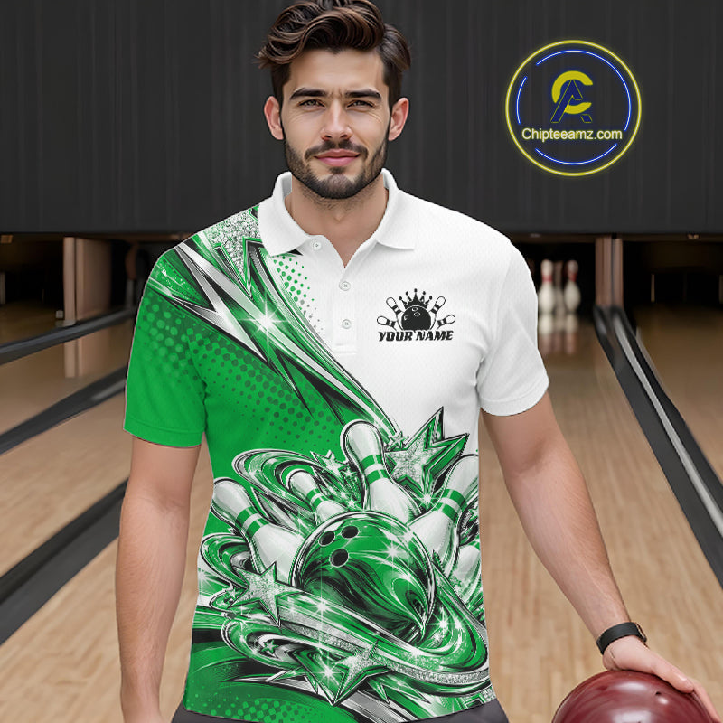 Custom Green Glitter Star Bowling Polo, Bowling League And Tournament Shirt