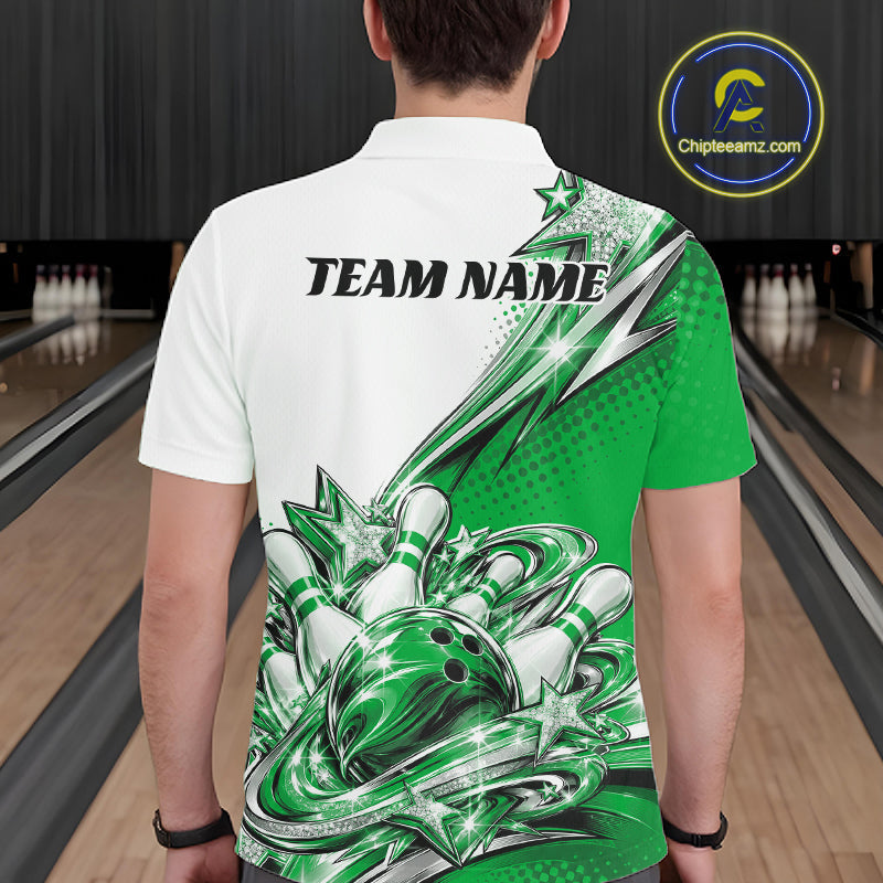 Custom Green Glitter Star Bowling Polo, Bowling League And Tournament Shirt