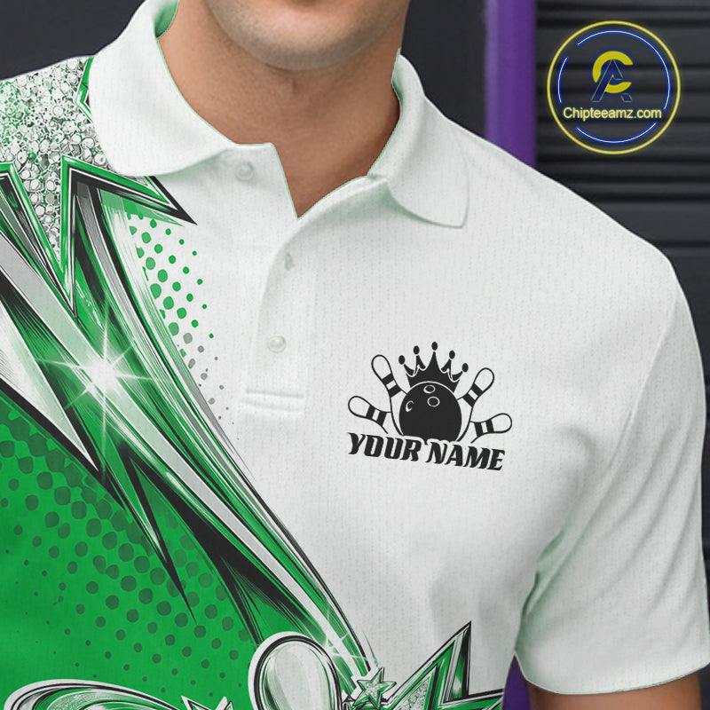 Custom Green Glitter Star Bowling Polo, Bowling League And Tournament Shirt