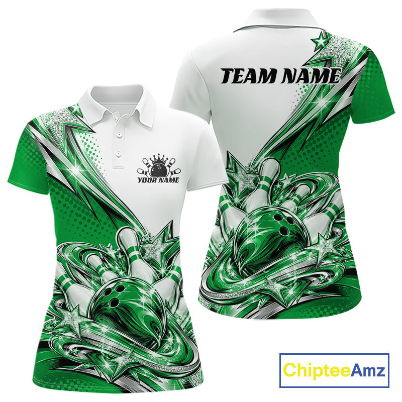 Custom Green Glitter Star Bowling Polo, Bowling League And Tournament Shirt