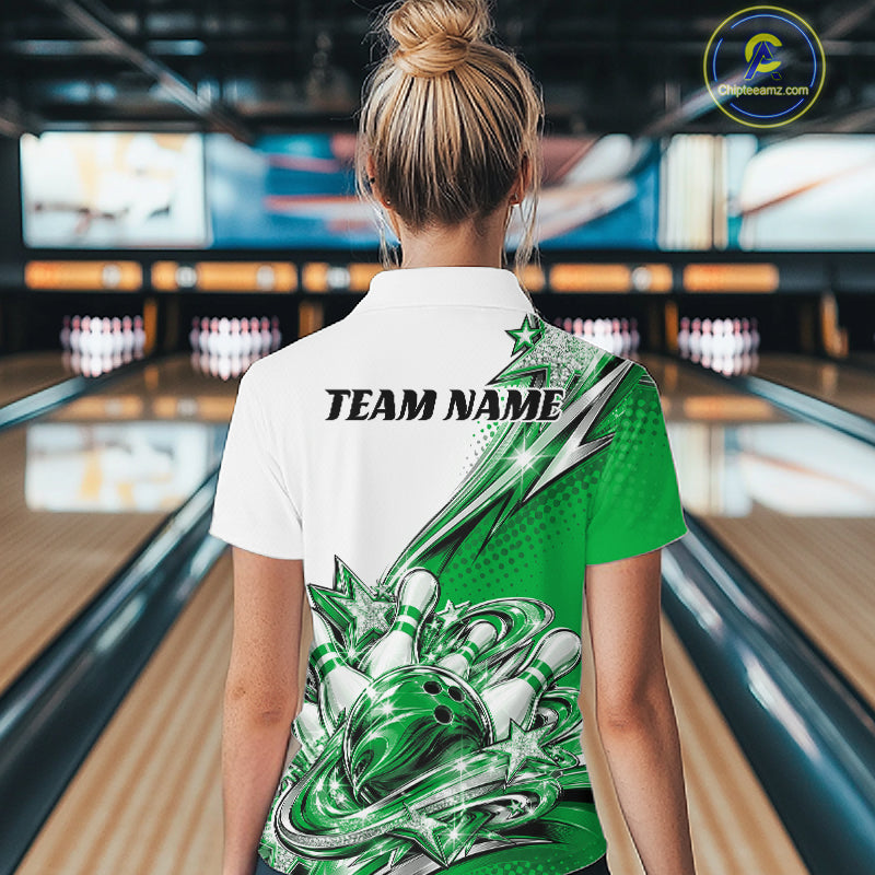 Custom Green Glitter Star Bowling Polo, Bowling League And Tournament Shirt
