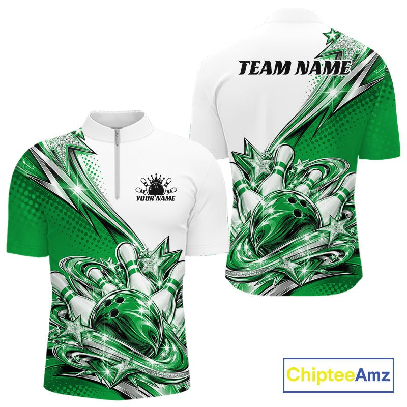 Custom Green Glitter Star Bowling Quarter Zip, Bowling League And Tournament Shirt