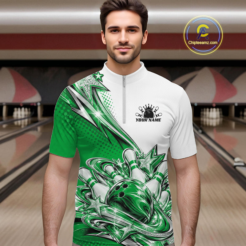 Custom Green Glitter Star Bowling Quarter Zip, Bowling League And Tournament Shirt