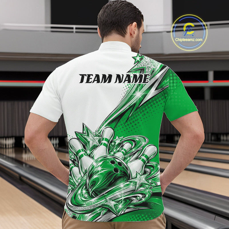 Custom Green Glitter Star Bowling Quarter Zip, Bowling League And Tournament Shirt