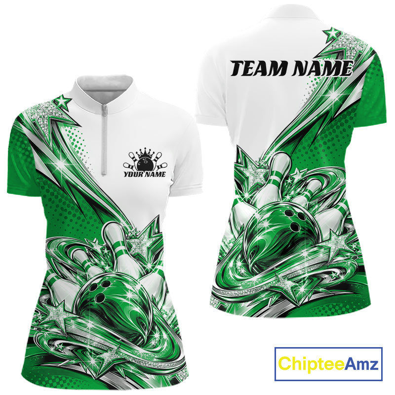 Custom Green Glitter Star Bowling Quarter-Zip, Bowling League And Tournament Shirt