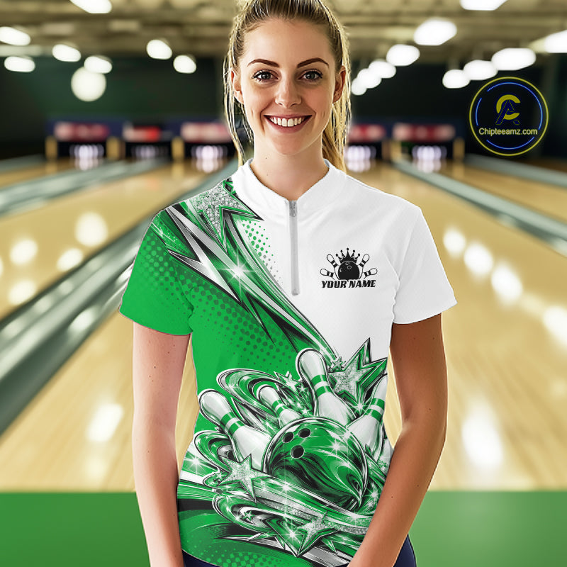 Custom Green Glitter Star Bowling Quarter-Zip, Bowling League And Tournament Shirt