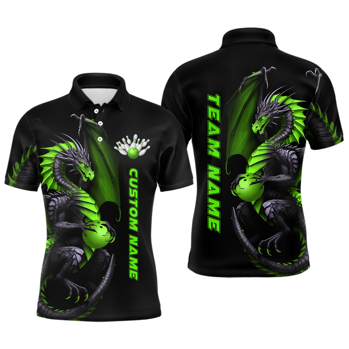Custom Green Dragon Bowling Polo Shirts Team Bowling Jerseys Bowler Outfit Bowling Apparel