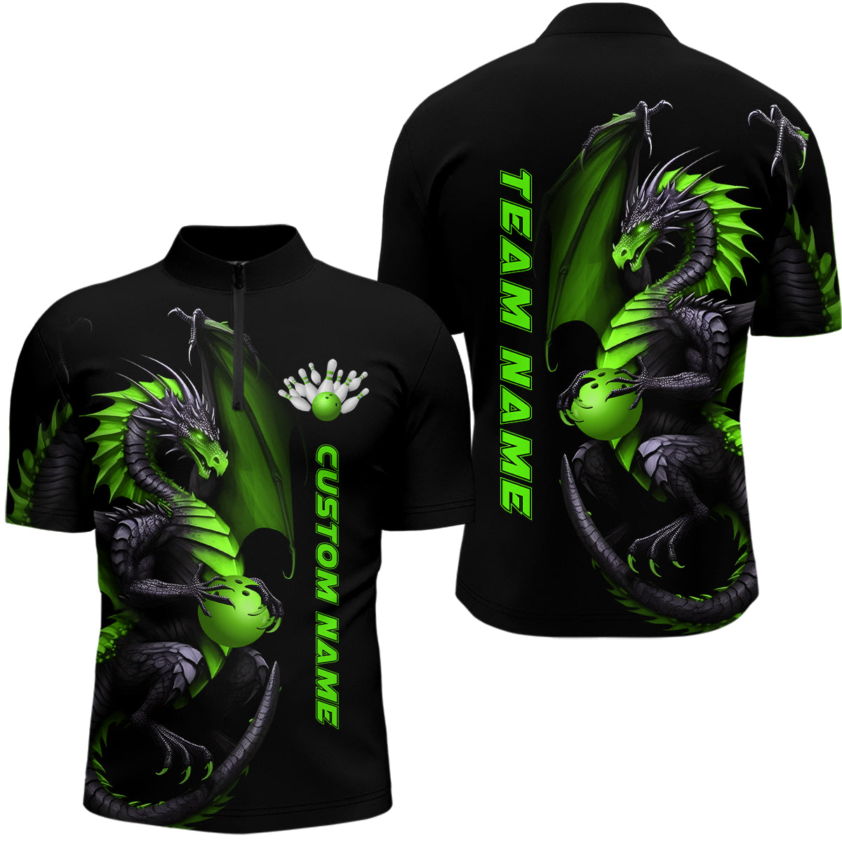Custom Green Dragon Bowling Quarter Zip Shirts Team Bowling Jerseys Bowler Outfit Apparel