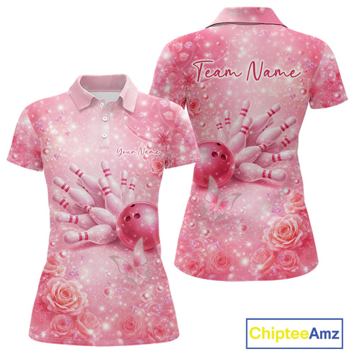Custom Elegant Pink Butterfly And Roses Bowling Polo Shirt, Outfit