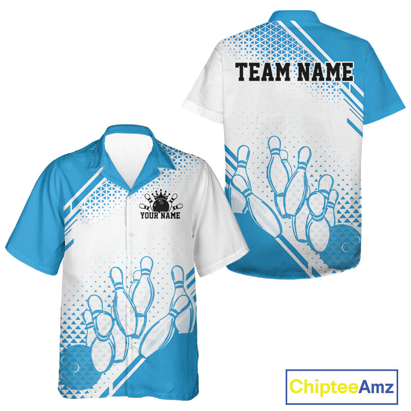Custom White And Blue Geometric Classic Retro Bowling Team And Button Up Shirt