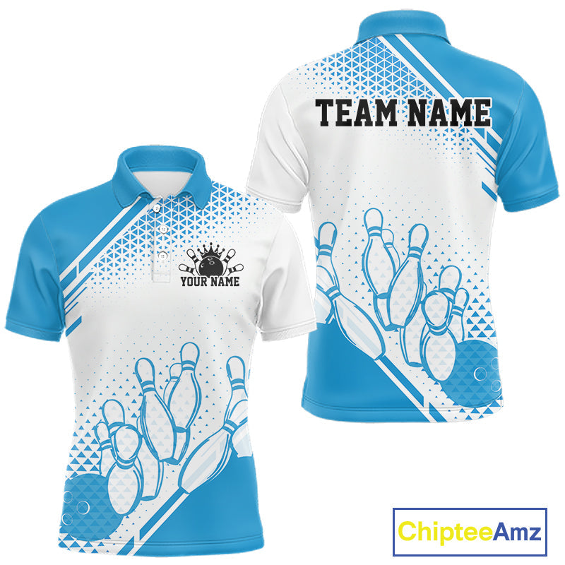 Custom White And Blue Geometric Classic Retro Bowling Team Polo Shirt