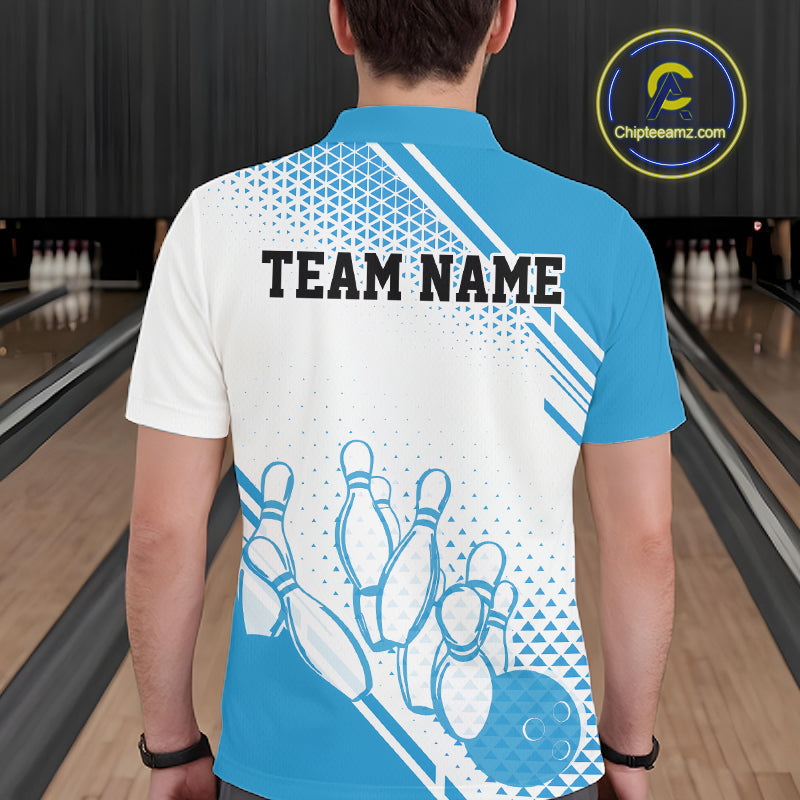 Custom White And Blue Geometric Classic Retro Bowling Team Polo Shirt