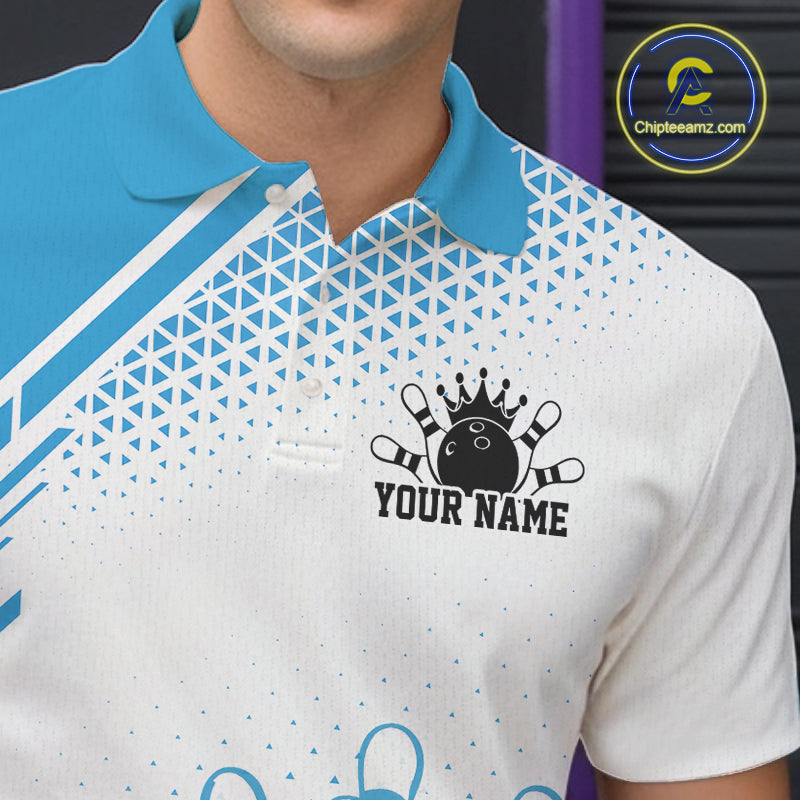 Custom White And Blue Geometric Classic Retro Bowling Team Polo Shirt