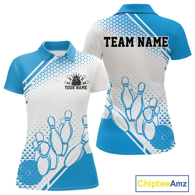 Custom White And Blue Geometric Classic Retro Bowling Team Polo Shirt