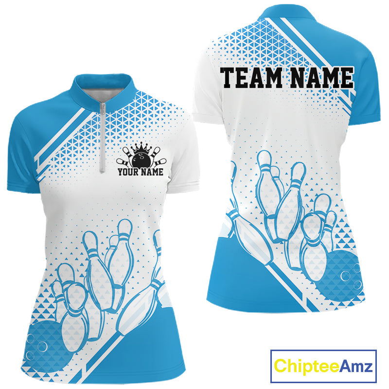 Custom White And Blue Geometric Classic Retro Bowling Team Quarter-Zip Shirt