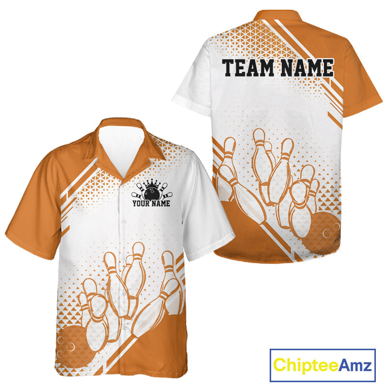 Custom White And Orange Geometric Classic Retro Bowling Team And Button Up Shirt