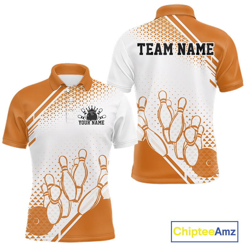 Custom White And Orange Geometric Classic Retro Bowling Team Polo Shirt