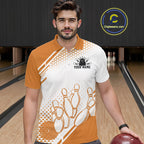 Custom White And Orange Geometric Classic Retro Bowling Team Polo Shirt