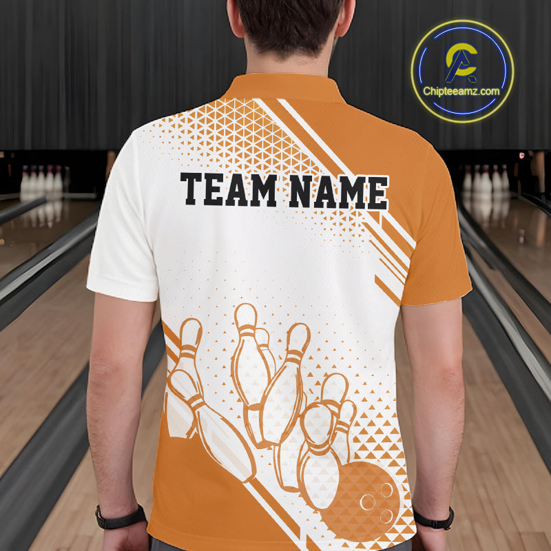 Custom White And Orange Geometric Classic Retro Bowling Team Polo Shirt
