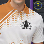 Custom White And Orange Geometric Classic Retro Bowling Team Polo Shirt