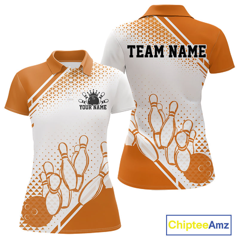 Custom White And Orange Geometric Classic Retro Bowling Team Polo Shirt