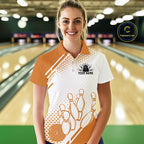 Custom White And Orange Geometric Classic Retro Bowling Team Polo Shirt