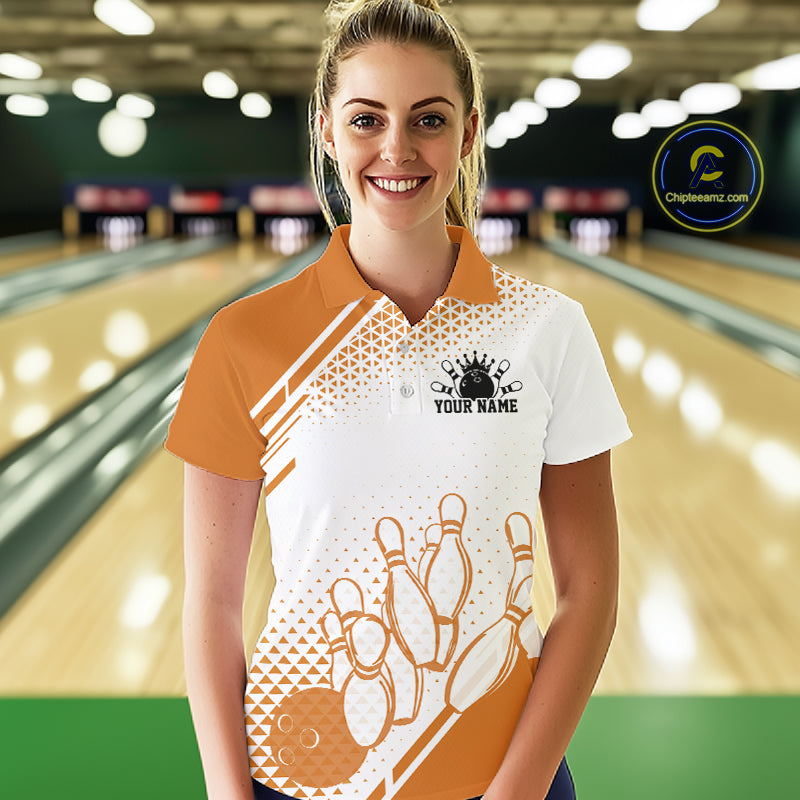 Custom White And Orange Geometric Classic Retro Bowling Team Polo Shirt