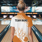 Custom White And Orange Geometric Classic Retro Bowling Team Polo Shirt
