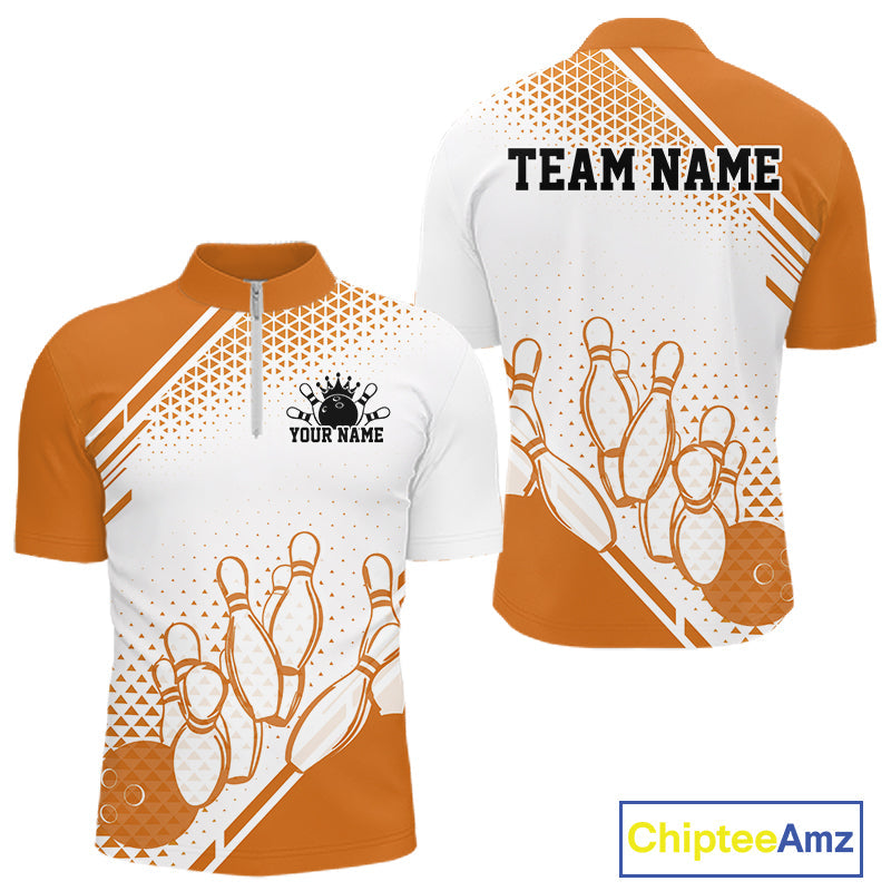 Custom White And Orange Geometric Classic Retro Bowling Team Quarter Zip Shirt
