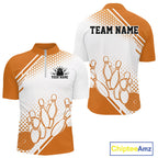 Custom White And Orange Geometric Classic Retro Bowling Team Quarter Zip Shirt