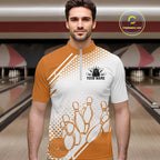 Custom White And Orange Geometric Classic Retro Bowling Team Quarter Zip Shirt