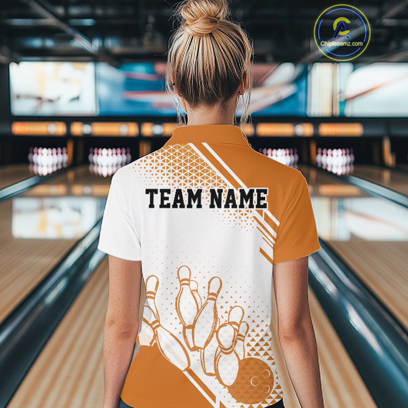 Custom White And Orange Geometric Classic Retro Bowling Team Quarter-Zip Shirt