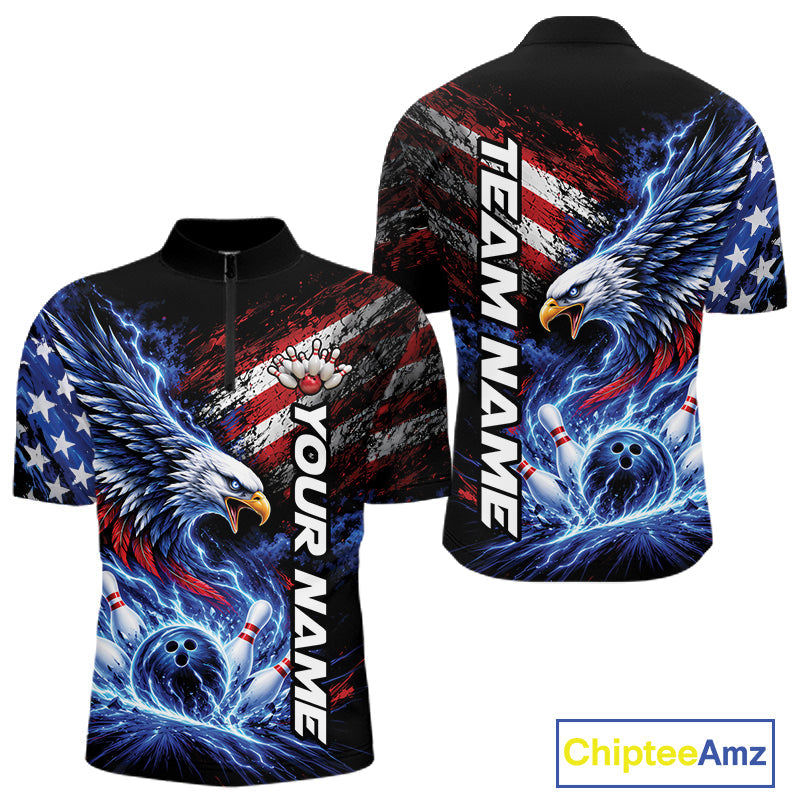 Custom Patriotic American Eagle Bowling Jerseys, US Flag Bowling Quarter Zip Shirt
