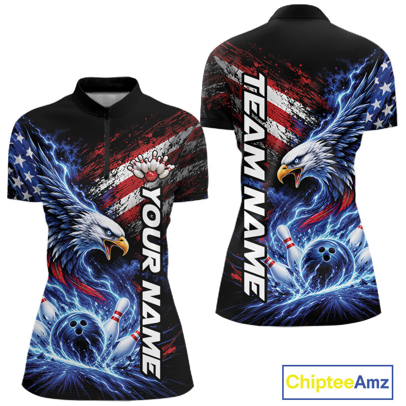 Custom Patriotic American Eagle Bowling Jerseys, US Flag Bowling Quarter-Zip Shirt