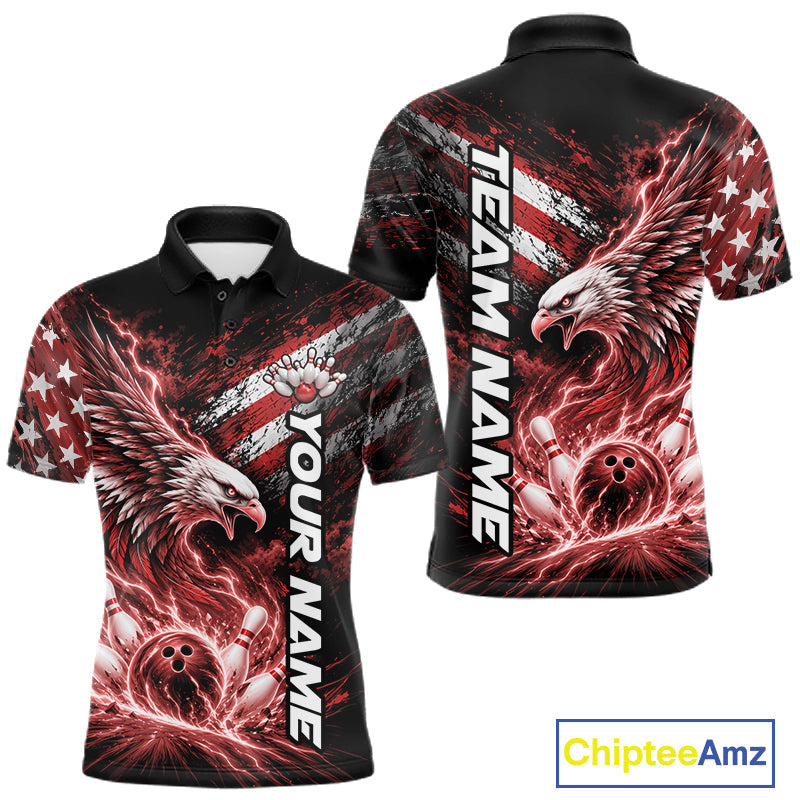 Custom Patriotic Red American Eagle Bowling Jerseys, US Flag Bowling Polo Shirt