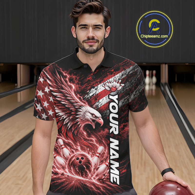 Custom Patriotic Red American Eagle Bowling Jerseys, US Flag Bowling Polo Shirt