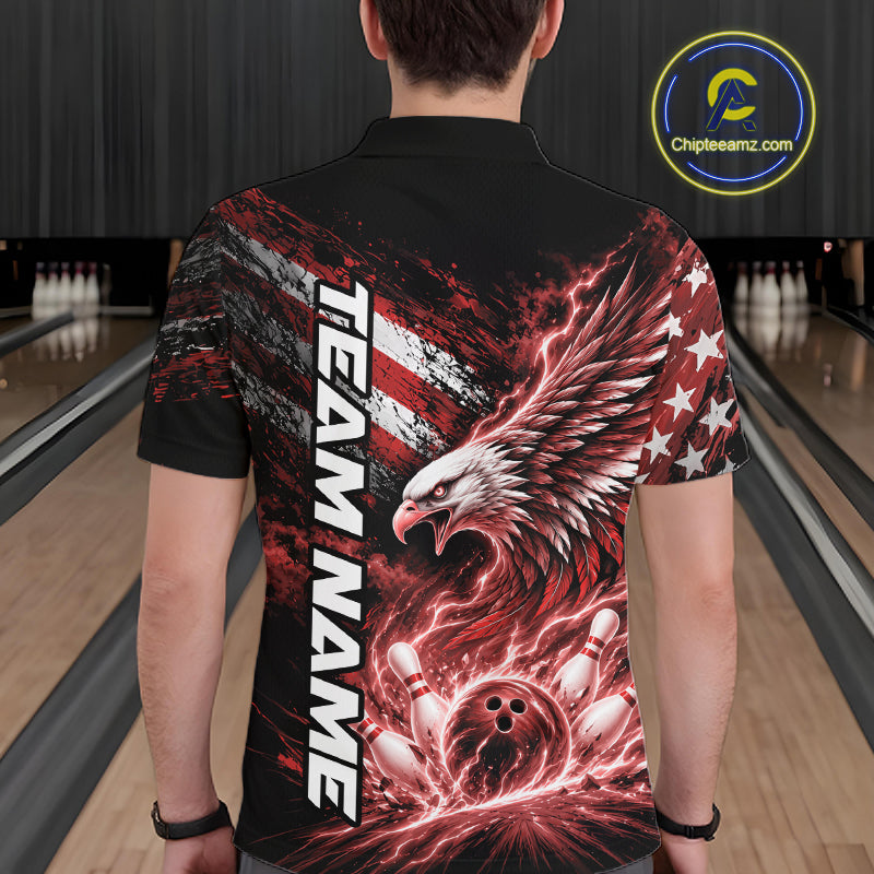 Custom Patriotic Red American Eagle Bowling Jerseys, US Flag Bowling Polo Shirt