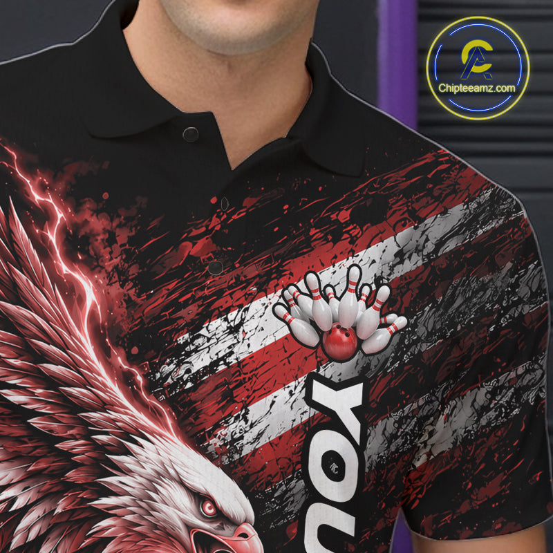 Custom Patriotic Red American Eagle Bowling Jerseys, US Flag Bowling Polo Shirt