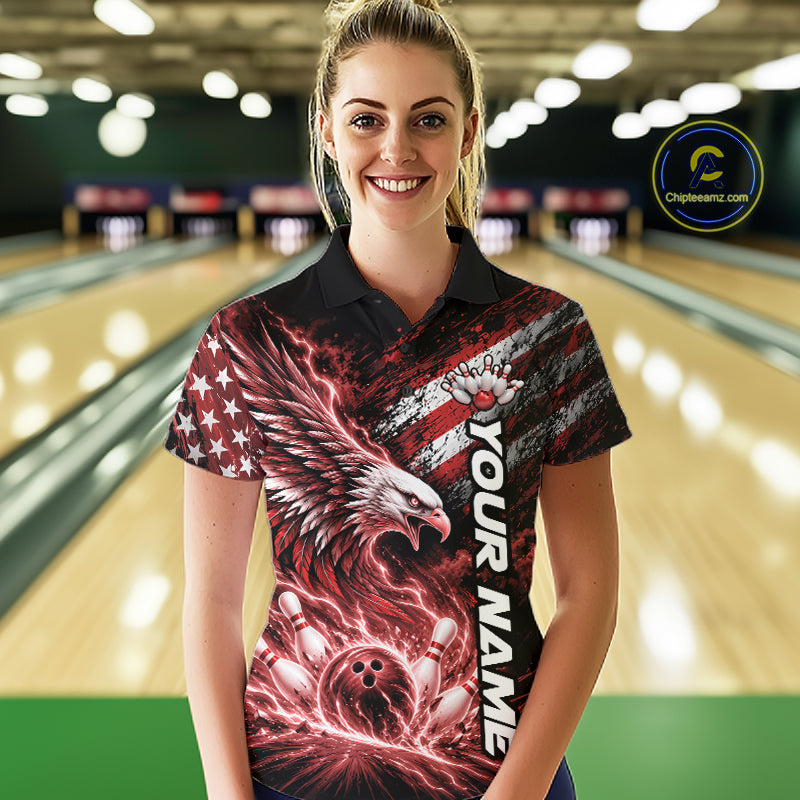 Custom Patriotic Red American Eagle Bowling Jerseys, US Flag Bowling Polo Shirt