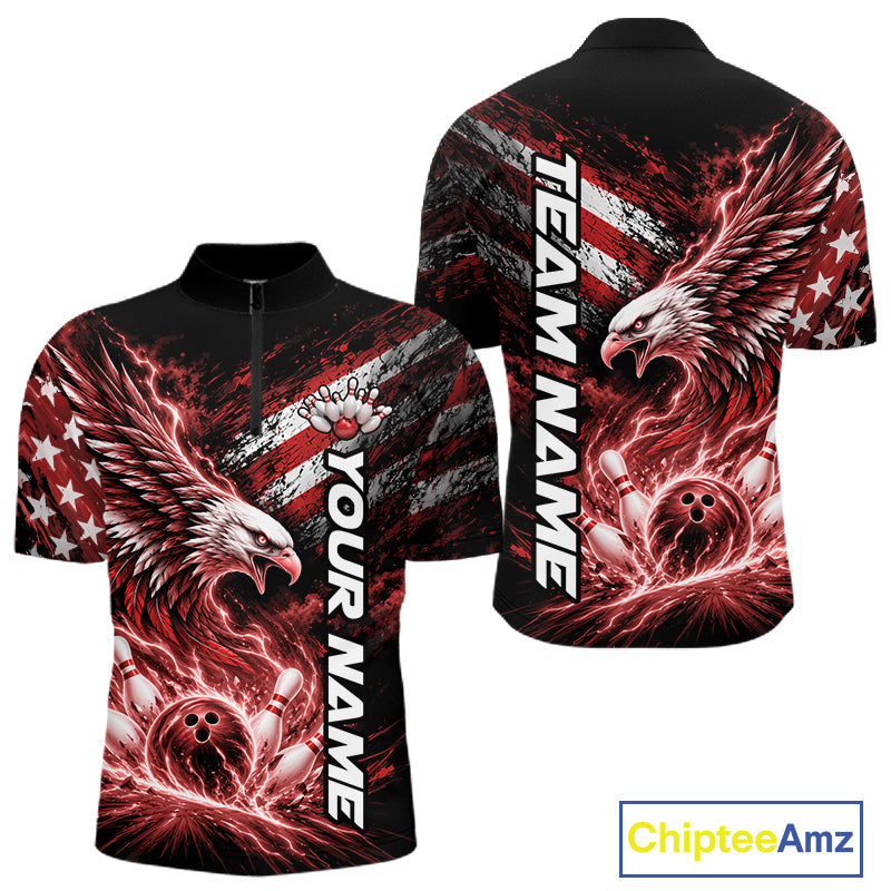 Custom Patriotic Red American Eagle Bowling Jerseys, US Flag Bowling Quarter Zip Shirt