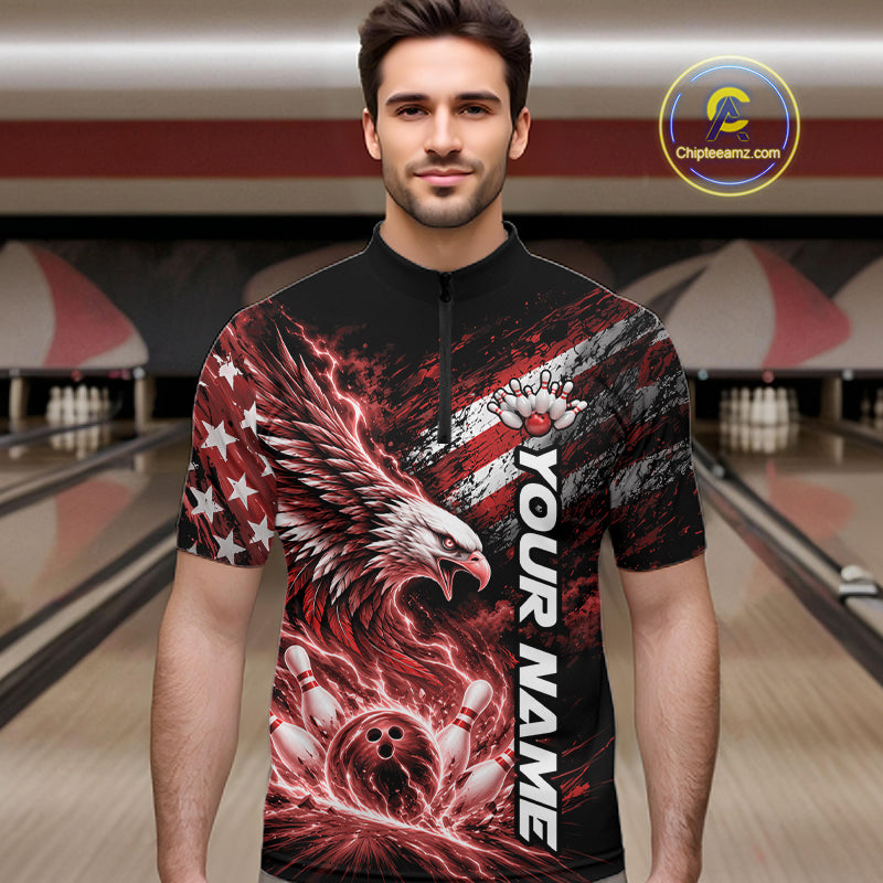 Custom Patriotic Red American Eagle Bowling Jerseys, US Flag Bowling Quarter Zip Shirt