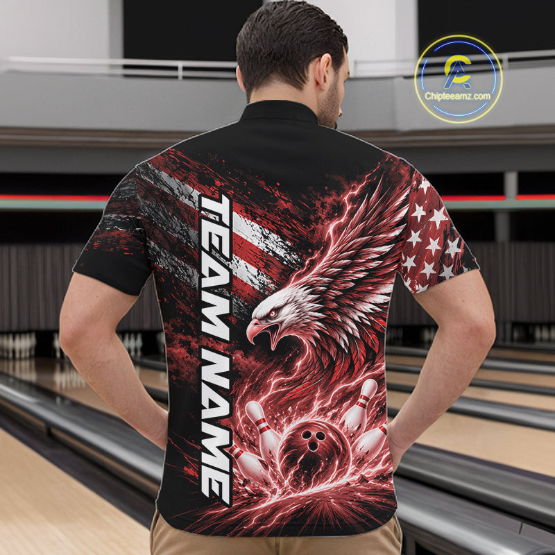 Custom Patriotic Red American Eagle Bowling Jerseys, US Flag Bowling Quarter Zip Shirt