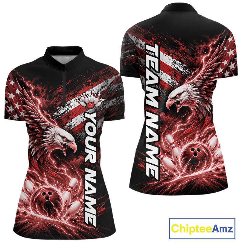 Custom Patriotic Red American Eagle Bowling Jersey, US Flag Bowling Quarter-Zip