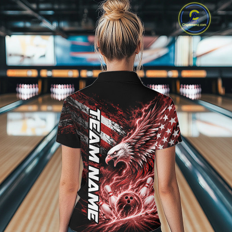 Custom Patriotic Red American Eagle Bowling Jersey, US Flag Bowling Quarter-Zip