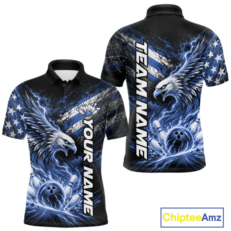 Custom Patriotic Blue American Eagle Bowling Jerseys, US Flag Bowling Polo Shirt