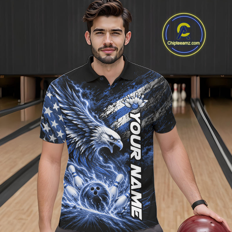 Custom Patriotic Blue American Eagle Bowling Jerseys, US Flag Bowling Polo Shirt