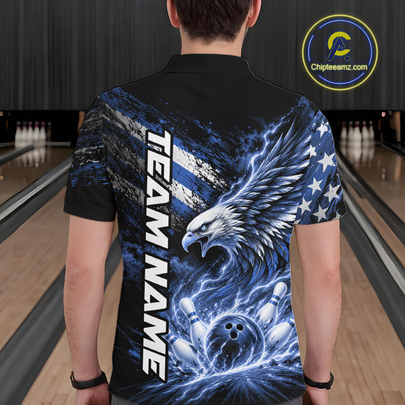 Custom Patriotic Blue American Eagle Bowling Jerseys, US Flag Bowling Polo Shirt