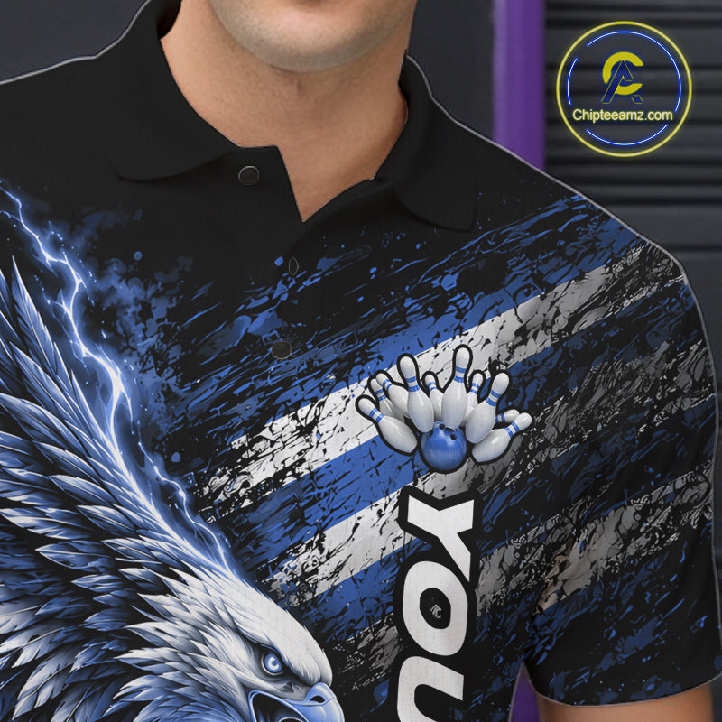 Custom Patriotic Blue American Eagle Bowling Jerseys, US Flag Bowling Polo Shirt