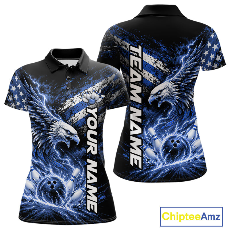 Custom Patriotic Blue American Eagle Bowling Jerseys, US Flag Bowling Polo Shirt